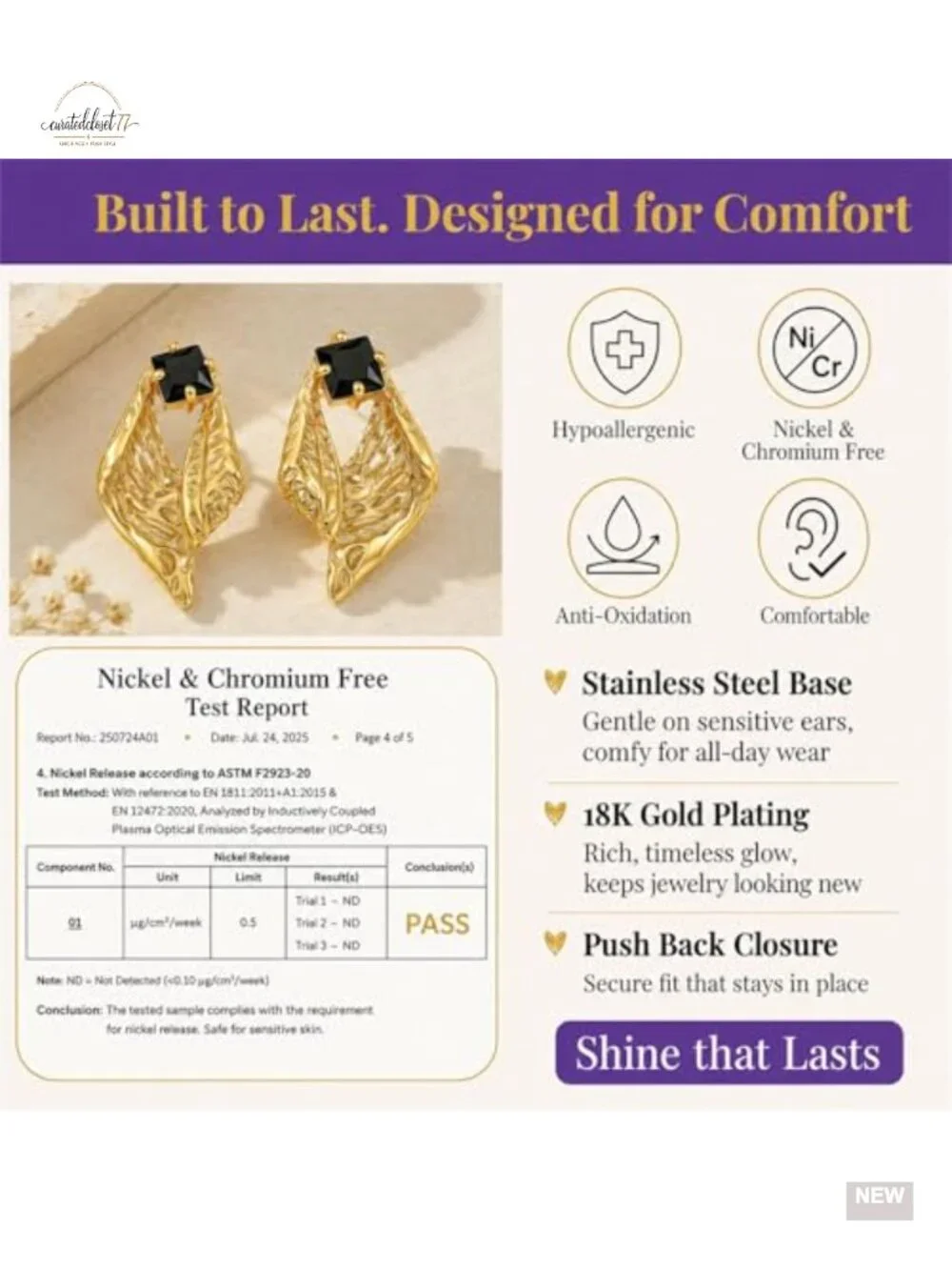 18K Gold Textured Stud Earrings with Emerald Zirconia, Hypoallergenic Stainless
